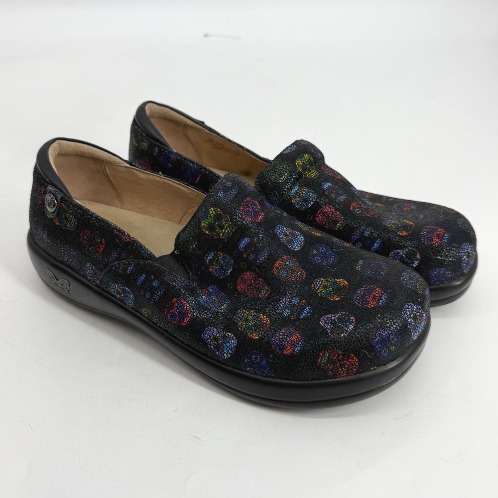 Alegria Keli Black Sugar Skulls‎ Leather Slip On Nursing Shoes Clogs Womens 40